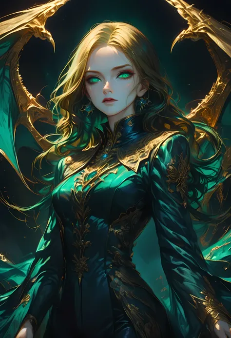 score_9, score_8_up, score_7_up, score_6_up, score_5_up, score_4_up, Arafed, a portrait of an vampire woman, full body shot, exotic beauty, long hair, gold hair, (emerald green eyes), dark red lips, glamour shot, she wears an (blue: 1.3) elegant suit, gol...