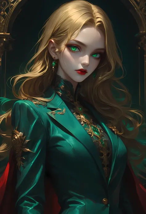 score_9, score_8_up, score_7_up, score_6_up, score_5_up, score_4_up, Arafed, a portrait of an vampire woman, full body shot, exotic beauty, long hair, gold hair, (emerald green eyes), dark red lips, glamour shot, she wears an (blue) elegant suit, gold ros...