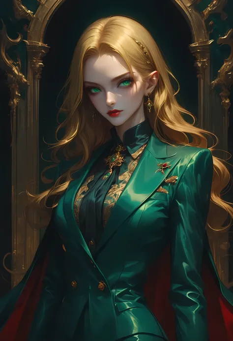 score_9, score_8_up, score_7_up, score_6_up, score_5_up, score_4_up, Arafed, a portrait of an vampire woman, full body shot, exotic beauty, long hair, gold hair, (emerald green eyes), dark red lips, glamour shot, she wears an (blue) elegant suit, gold ros...