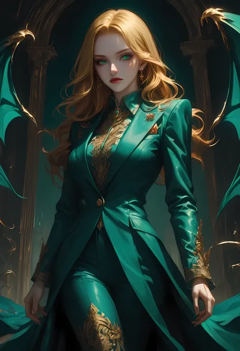 score_9, score_8_up, score_7_up, score_6_up, score_5_up, score_4_up, Arafed, a portrait of an vampire woman, full body shot, exotic beauty, long hair, gold hair, (emerald green eyes), dark red lips, glamour shot, she wears an (blue) elegant suit, gold ros...