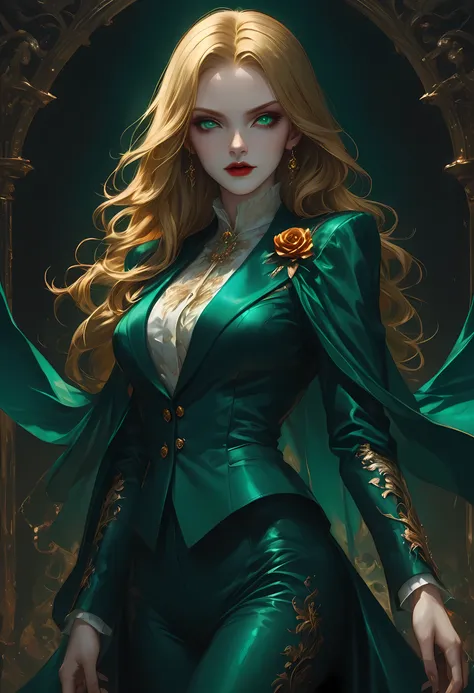 score_9, score_8_up, score_7_up, score_6_up, score_5_up, score_4_up, Arafed, a portrait of an vampire woman, full body shot, exotic beauty, long hair, gold hair, (emerald green eyes), dark red lips, glamour shot, she wears an (blue) elegant suit, gold ros...