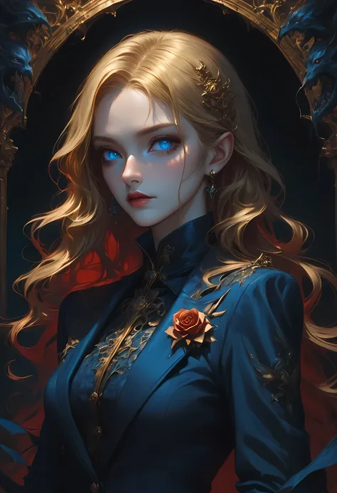 score_9, score_8_up, score_7_up, score_6_up, score_5_up, score_4_up, Arafed, a portrait of an vampire woman, full body shot, exotic beauty, long hair, gold hair, (blue eyes), dark red lips, glamour shot, she wears an (blue) elegant suit, gold rose, high ...