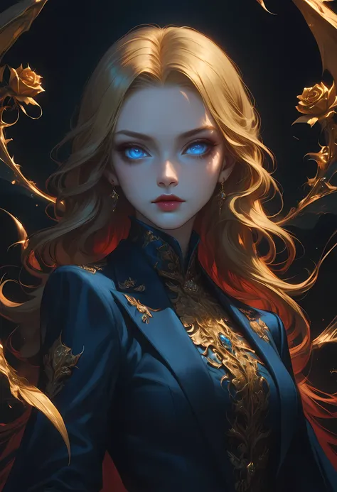 score_9, score_8_up, score_7_up, score_6_up, score_5_up, score_4_up, Arafed, a portrait of an vampire woman, full body shot, exotic beauty, long hair, gold hair, (blue eyes), dark red lips, glamour shot, she wears an (blue) elegant suit, gold rose, high ...