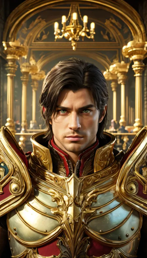 A Commander, he has green eyes and slightly long black hair. He is wearing full golden armour. Outside grand palace background. Surrealism, Highest detail, Cinematic lighting, Ray tracing, angle of view, Eye level shots, Ultra HD, Masterpiece, Textured ski...