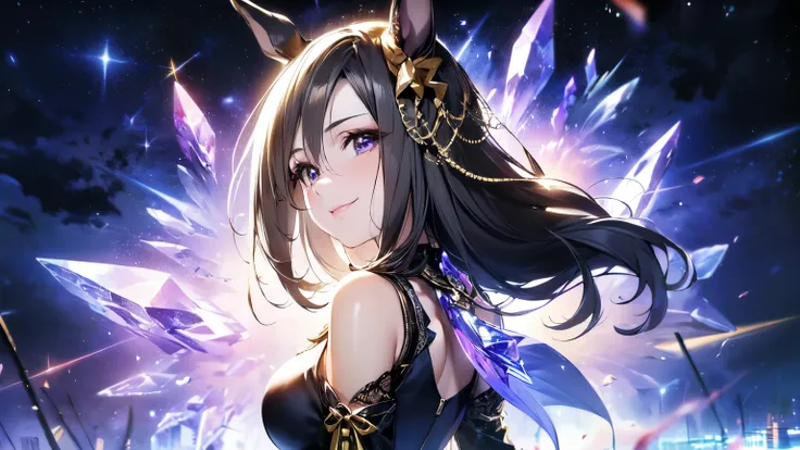 (Solo: 1.5), (Small: 1.5), (Horse ears: 1.5), (Small face, chubby, big breasts: 1.5), (Breasts visible through clothes),(Looking at camera), (Arms between legs: 1.5), (Turning away: 1.5), (Smiling: 1.5), (Long black hair: 1.5), (Blue lace long sleeve dress...