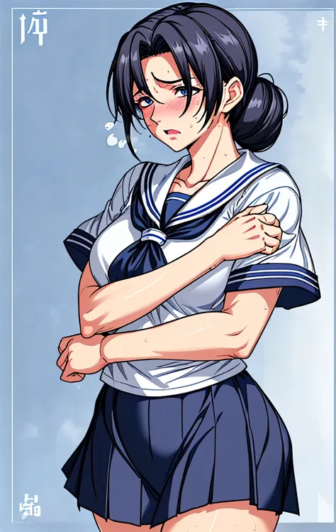 Age 50、mature woman、black hair、Hair tied up、Blue Eyes、My face is sweaty 、My arms and legs are sweaty、and my whole body is sweaty、very embarrassing look、Wearing a white and navy blue short-sleeved sailor suit、very short skirt、school background、