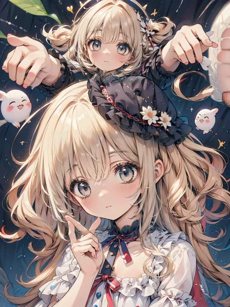 Dots are、明るいピンクの頬、she has golden blonde hair with wavy bangs.、she'dark-skinned girl, she is wearing a bright red headband with a ribbon on the right side of her head.. Dots are、she wears a shiny pastel blue and scarlet red dress with a small ribbon bel...