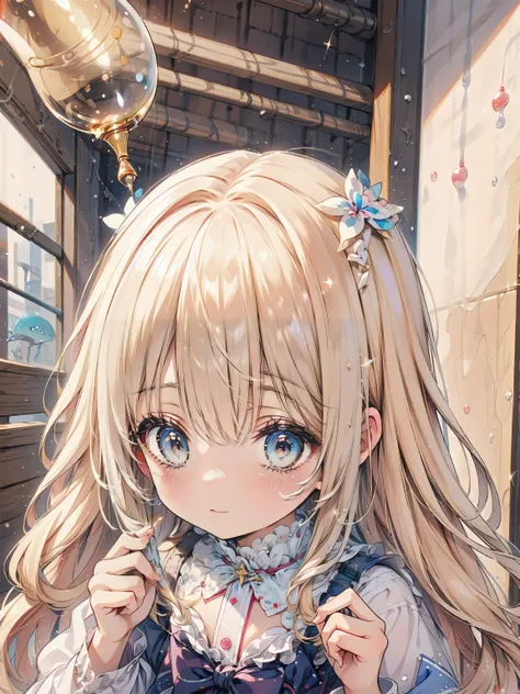 Dots are、明るいピンクの頬、she has golden blonde hair with wavy bangs.、she'dark-skinned girl, she is wearing a bright red headband with a ribbon on the right side of her head.. Dots are、she wears a shiny pastel blue and scarlet red dress with a small ribbon bel...
