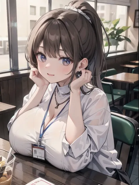 In restaurant, table, ice cream, cookie, candy, milk, restaurant, High resolution, 8k, masterpiece, Highest quality, One girl, Curled brown hair, ponytail, Mature Woman, OL, Business Girl, White shirt, Nameplate, ID card, Earrings, necklace, Bare Chest, La...