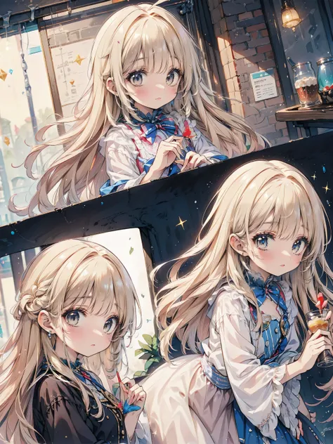Dots are、明るいピンクの頬、she has golden blonde hair with wavy bangs.、she'dark-skinned girl, she is wearing a bright red headband with a ribbon on the right side of her head.. Dots are、she wears a shiny pastel blue and scarlet red dress with a small ribbon bel...