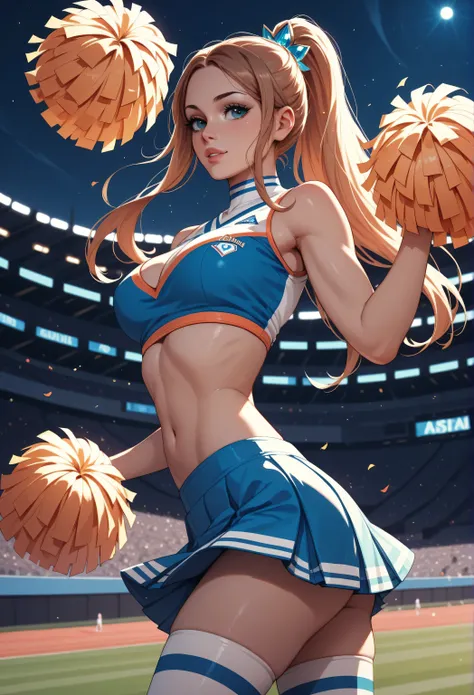 Sexy princess Sofia, at night at the stadium wearing a cheerleader suit,