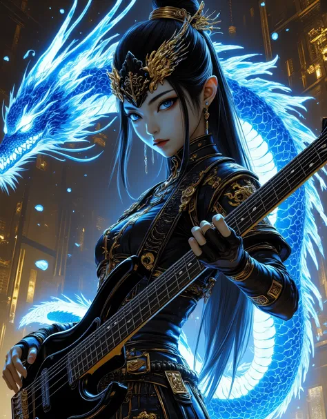 1girl, Looking at viewer, Very Long Hair, Closed Eyes, Headphones, Smile, Dutch Angle, Fox Mask, Cinematic Lighting, Japanese Illustration Style, Playing bass,( golden and blue theme:1.5), golden clothes, blue aura, blue dragon,