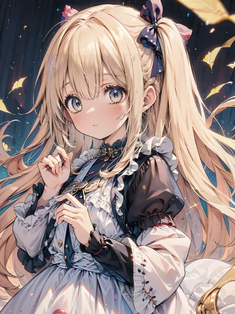 Dots are、明るいピンクの頬、she has golden blonde hair with wavy bangs.、she'dark-skinned girl, she is wearing a bright red headband with a ribbon on the right side of her head.. Dots are、she wears a shiny pastel blue and scarlet red dress with a small ribbon bel...