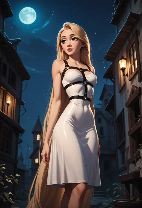 
Sexy Rapunzel, at night in a white tight dress with straps, harness, night, abandoned basement