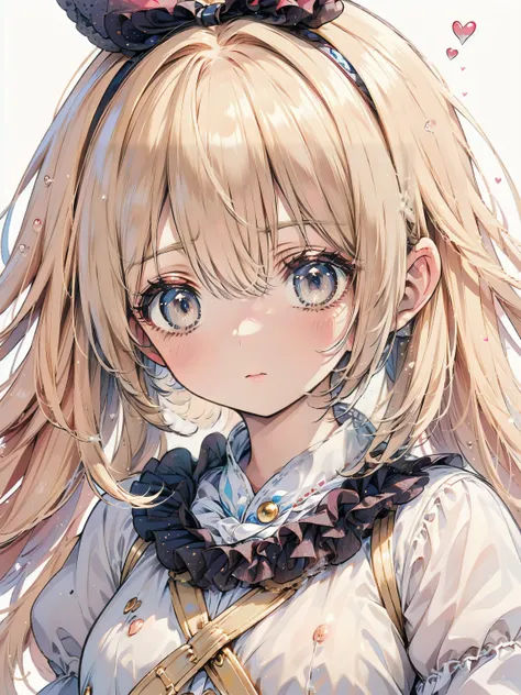Dots are、明るいピンクの頬、she has golden blonde hair with wavy bangs.、she'dark-skinned girl, she is wearing a bright red headband with a ribbon on the right side of her head.. Dots are、she wears a shiny pastel blue and scarlet red dress with a small ribbon bel...