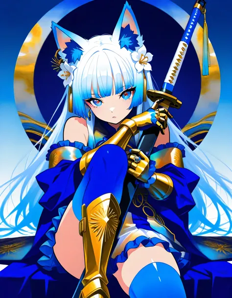 masterpiese, best quality, 1girl, animal ear fluff, animal ears, bangs, bare shoulders, blue eyes, blunt bangs, boots, dress, earrings, frills, gauntlets, gradient, hair flower, hair ornament, holding weapon, huge weapon, japanese clothes, long hair, looki...
