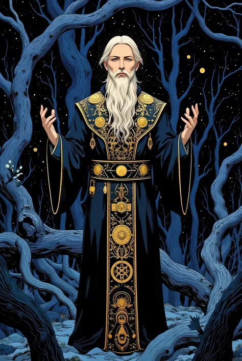 (Tarot card: 1.0), Wizard in priest's robes standing in dark forest、English man, golden eyes、blonde hair、beard, encircling tree々Vines、Multiple symbols floating around、一貫して pattern化された作品、Projected Shadows、 minimalism、Brilliant Color Palette、deep blue and p...