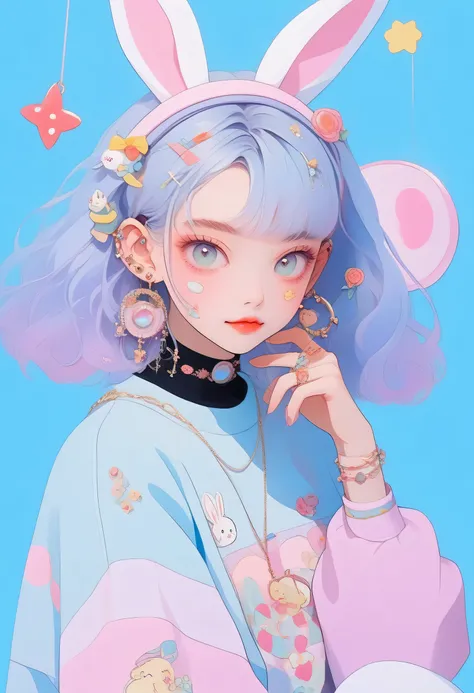 pretty strong transformation 、 cute anime girl with a small head and body 、 Cute rabbit ears are smiling 、Bold poses、 dreamy cute 、sick、 simple oversized pullover 、 knee socks 、light blue background、 poster style 、flat-colors、 Carefully calcul...