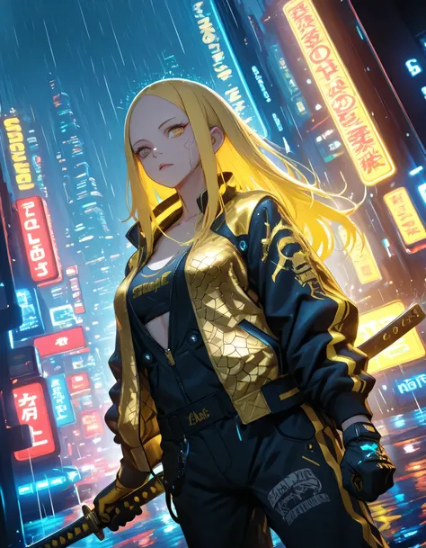 1 girl,cyberpunk,mask, full color hair,(streetwear:1.3), Yakuza jacket, gloves,cyborg,(low view), dynamic angle,rain, looking at sky,hazy cityscape, Sharp focus, dynamic angle,HD,(detailed face and eyes), katana, ancient katana, looking at viewer,score_9,s...