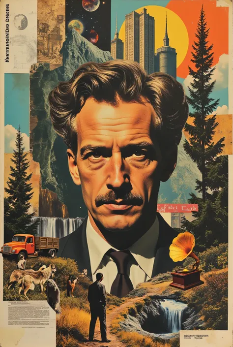 (Masterpiece: 1.0), collage art, newspaper pastiche, portrait of Ludwig Wittgenstein, diesel truck, animation cartoonists at drawing boards, wolf pack hunting, brutalist apartment towers, Black Forest scene, gumdrops, gramophone, hurricane lamp, undergroun...