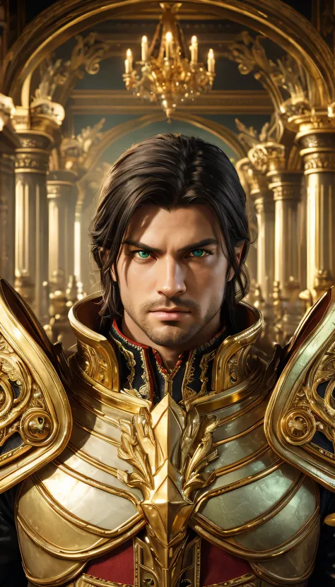 A Commander, he has green eyes and slightly long black hair. He is wearing full golden armour. Outside grand palace background. Surrealism, Highest detail, Cinematic lighting, Ray tracing, angle of view, Eye level shots, Ultra HD, Masterpiece, Textured ski...