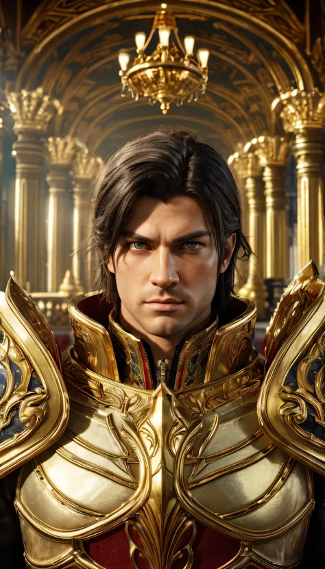 A Commander, he has green eyes and slightly long black hair. He is wearing full golden armour. Outside grand palace background. Surrealism, Highest detail, Cinematic lighting, Ray tracing, angle of view, Eye level shots, Ultra HD, Masterpiece, Textured ski...