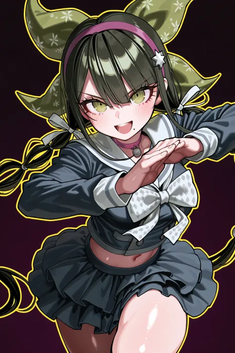 kmj-anonstyle, [artist:yoneyama mai], [artist:kanzarin], [artist: ekrea_jan], masterpiece,best quality,amazing quality, 748cmstyle, solo, eye focus, danganronpa (series), danganronpa v3: killing harmony, chabashira tenko, 1girl, black hair, bow, choker, ey...