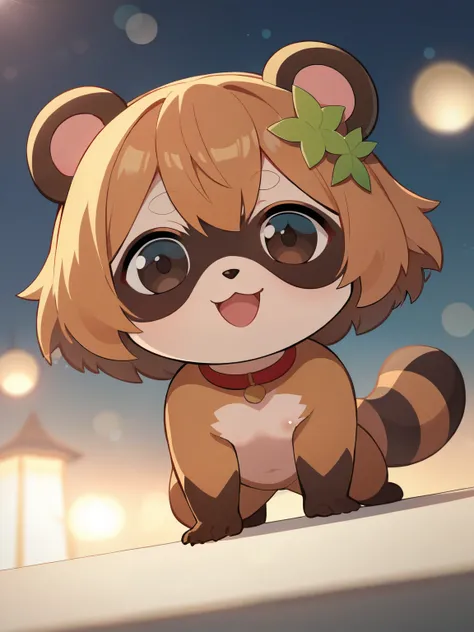 score_9, score_8_ up, ((fisheye lens)), ( chibi)，from below, Cute raccoon，Japanese raccoon dog，鼻のup、happy、Bokeh，on all fours，Head Leaf Accessory，red choker， Depth of Subject ，ultra high resolution, masterpiece, best quality, accurate，dynamic pose with well...
