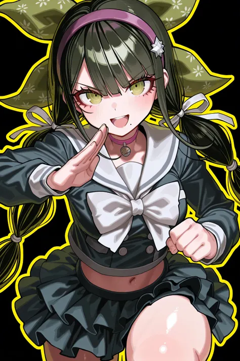 kmj-anonstyle, [artist:yoneyama mai], [artist:kanzarin], [artist: ekrea_jan], masterpiece,best quality,amazing quality, 748cmstyle, solo, eye focus, danganronpa (series), danganronpa v3: killing harmony, chabashira tenko, 1girl, black hair, bow, choker, ey...
