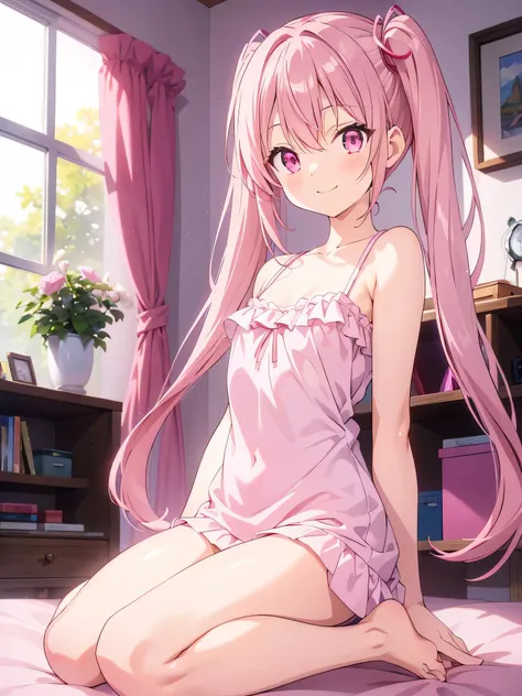 pink eyes, (anime:1.2), cute, masterpiece, Best Quality, high definition, highly detailed representation, Light background, smile, shadow, light source, small breasts, (barefoot:1.1), twin tails, pink hair, Sparkling, white camisole, my room, morning, livi...