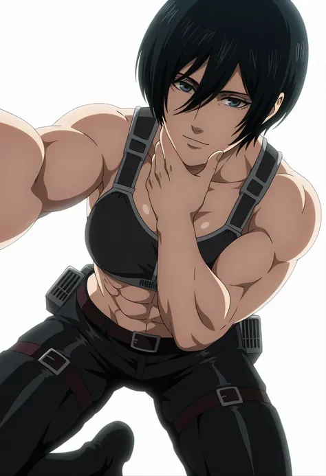 anime coloring, anime screencap, mikasa ackerman, 1girl, solo, short hair, black hair, towards viewer, badass, closed mouth, black sport bra, , belt, black pants, standing, cowboy shot, reaching towards viewer,, white background, simple background, masterp...