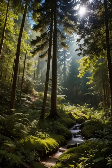In this enchanting scene, the camera is situated among treetops, offering a low-angle perspective amidst a whimsical atmosphere. The composition features a kaleidoscope of vibrant flowers swaying gently in the breeze, with towering trees stretching towards...