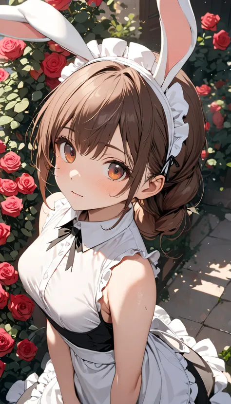 (brown hair), braided ponytail, ((rabbit ears)), maid headdress, Fuji Color, (((masterpiece))), ((textured skin)), (((Advanced Details))), high resolution, cute, nice, maid, apron dress, Extremely Small Breasts, Overhead View, ((Rose Garden)), (sleeveless...