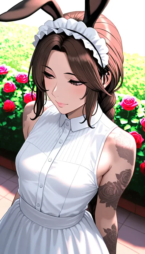 (brown hair), braided ponytail, ((rabbit ears)), maid headdress, Fuji Color, (((masterpiece))), ((textured skin)), (((Advanced Details))), high resolution, cute, nice, maid, apron dress, Extremely Small Breasts, Overhead View, ((Rose Garden)), (sleeveless...