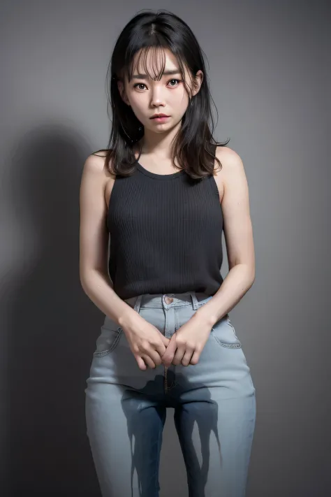 Quiet adult Chinese girl. Tears, tears, cry, tearful eyes. I peed my pants. Wearing only underwear. Monochromatic solid background.