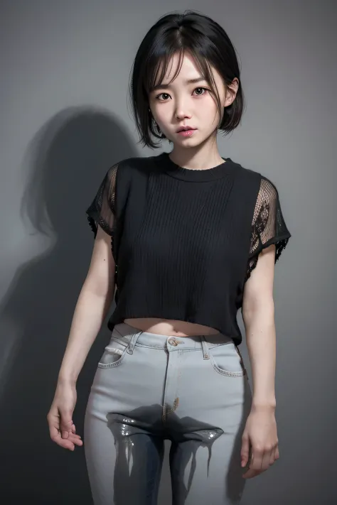 Quiet adult Chinese girl. Tears, tears, cry, tearful eyes. I peed my pants. Wearing only underwear. Monochromatic solid background.
