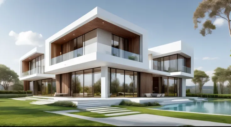 Modern Exterior design of villa,(masterpiece), best quality,8K,no humans, tree, sky, reflection, grass,window,  