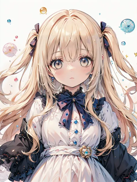 Dots are、明るいピンクの頬、she has golden blonde hair with wavy bangs.、she'dark-skinned girl, she is wearing a bright red headband with a ribbon on the right side of her head.. Dots are、she wears a shiny pastel blue and scarlet red dress with a small ribbon bel...