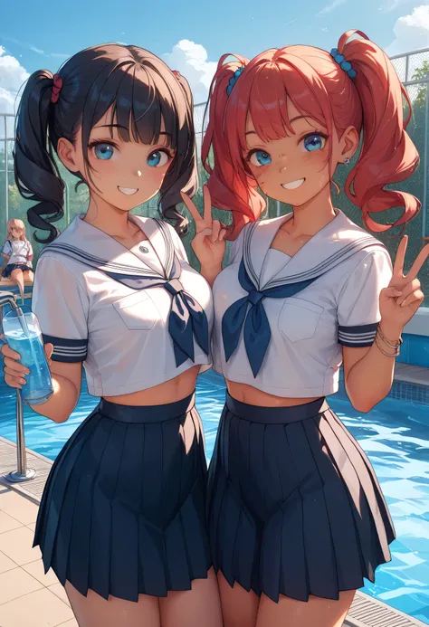 best quality、masterpiece、blue sky、school pool with drinking fountain、white sailor suit、dark blue pleated skirt、twin tails、peace sign、sunburn marks、 2 Women Seated 、Lift up the skirt and show off the white lace pants、smile、cute
