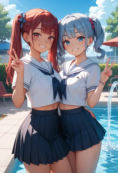 best quality、masterpiece、blue sky、school pool with drinking fountain、white sailor suit、dark blue pleated skirt、twin tails、peace sign、sunburn marks、 2 Women Seated 、Lift up the skirt and show off the white lace pants、smile、cute