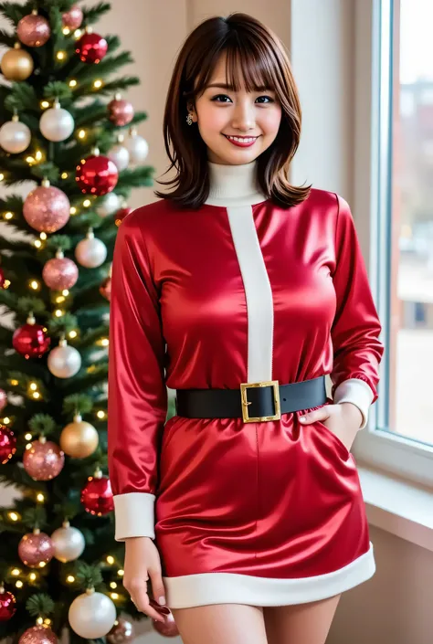  mini skirt Santa 、iridescent metallic red Santa costume、iridescent red metallic shiny santa costume、Shining Metallic、Santacos fits the skin、legs are magenta-colored fishnet tights、Christmas tree,brown hair,She's standing、full body、smile, christmas lights,...