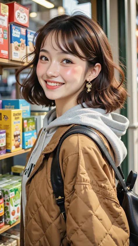8k, Masterpiece, Top Quality, Close-up, slightly high angle viewpoint, woman with shoulder-length wavy brown hair with bangs, fair skin with a warm smile revealing teeth, wearing a brown quilted jacket over a hooded sweatshirt , and a backpack strap visibl...