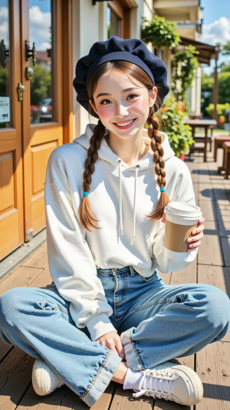 8k, Masterpiece, Top Quality, Full shot, slightly high angle viewpoint, woman with light brown hair styled in two long braids, fair skin, bright smile revealing teeth, wearing a dark blue beret, a white hooded sweatshirt, wide-leg blue jeans with light den...