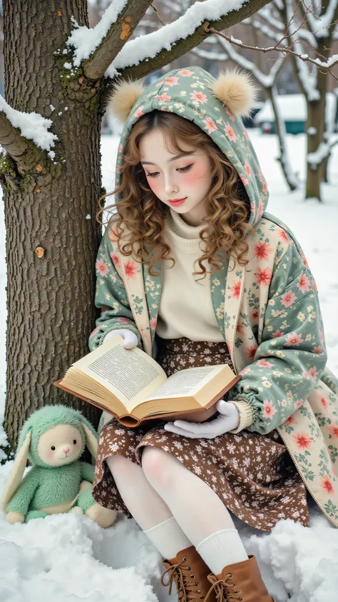 8k, Masterpiece, Top Quality, Medium shot, slightly high angle viewpoint, young woman with light brown curly hair partially covered by a floral print hooded jacket, fair skin, wearing a brown floral print skirt, white tights, brown lace-up boots with tasse...
