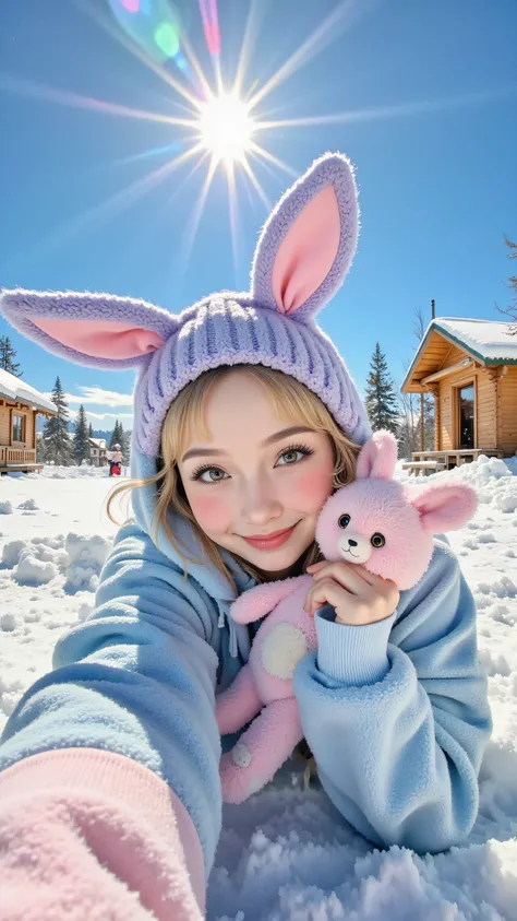 8k, Masterpiece, Top Quality, First-person perspective, looking down at a young woman lying on her back in the snow, wearing a light pink long-sleeved shirt, a light blue hooded animal onesie with bunny ears, and a light purple knit hat, holding a small pi...