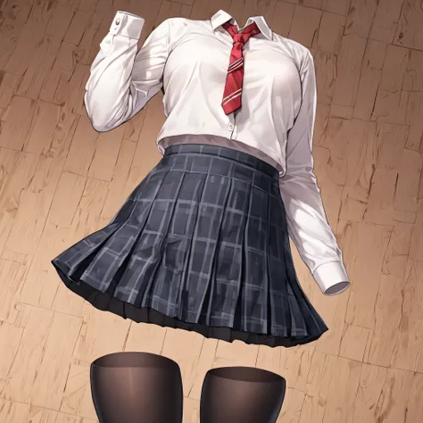 (invisible:1.5, no humans:1.5, headless:1.5, faceless:1.5), (plaid skirt, school uniforms, lifted skirt, panties, black pantyhose:1.2), (big breast), (best quality, masterpiece:1.2), detailed cloth texture, detailed anime, super fine illustration