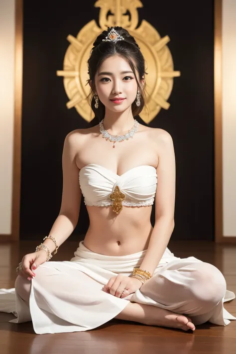 Guanyin bodhisattva fullbody Sit cross-legged praying pose smile faintly wear white strapless wrap with white long sarong and Wearing a jewelry Bracelet and hair bun style in wedding jewelry open navel, white background