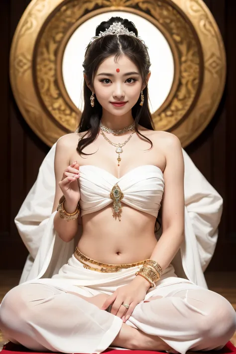 Guanyin bodhisattva fullbody Sit cross-legged ((praying pose)) smile faintly wear white strapless wrap with white long sarong and Wearing a jewelry Bracelet and hair bun style in wedding jewelry open navel, white background