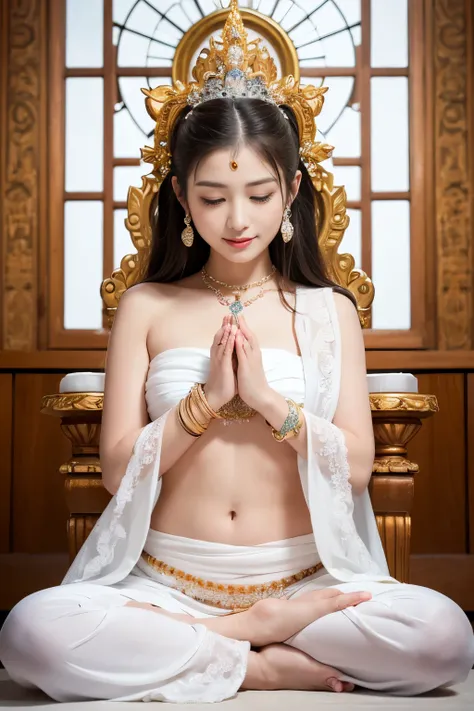 Guanyin bodhisattva fullbody Sit cross-legged ((praying pose)) smile faintly wear white strapless wrap with white long sarong and Wearing a jewelry Bracelet and hair bun style in wedding jewelry open navel, white background
