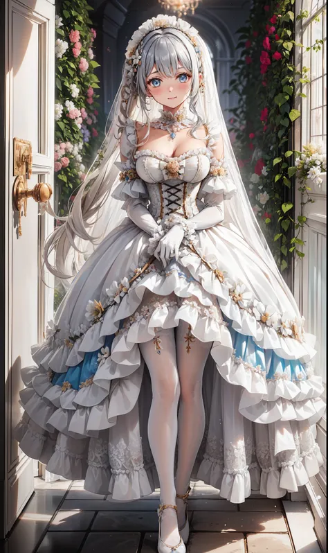 milkshake ,Attractions, Have Fun ,in love,( girl in white modern shirt 、 dress and pantyhose :1.2),( white ruffle bow gloves ), Silver Hair , golden eyes,Sacred headdress, transparent lace , Gorgeous Dress , alone,European bedroom,(night:1...